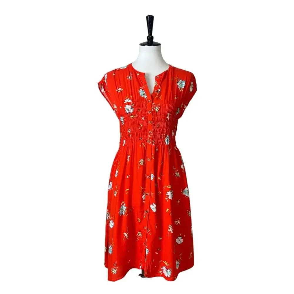Free People Dress Smocked Waist Button Front Red Floral Women’s Size Medium